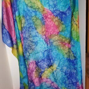 Artisan hand dyed silk scarf 34" square and clip earrings pink blue yellow turq